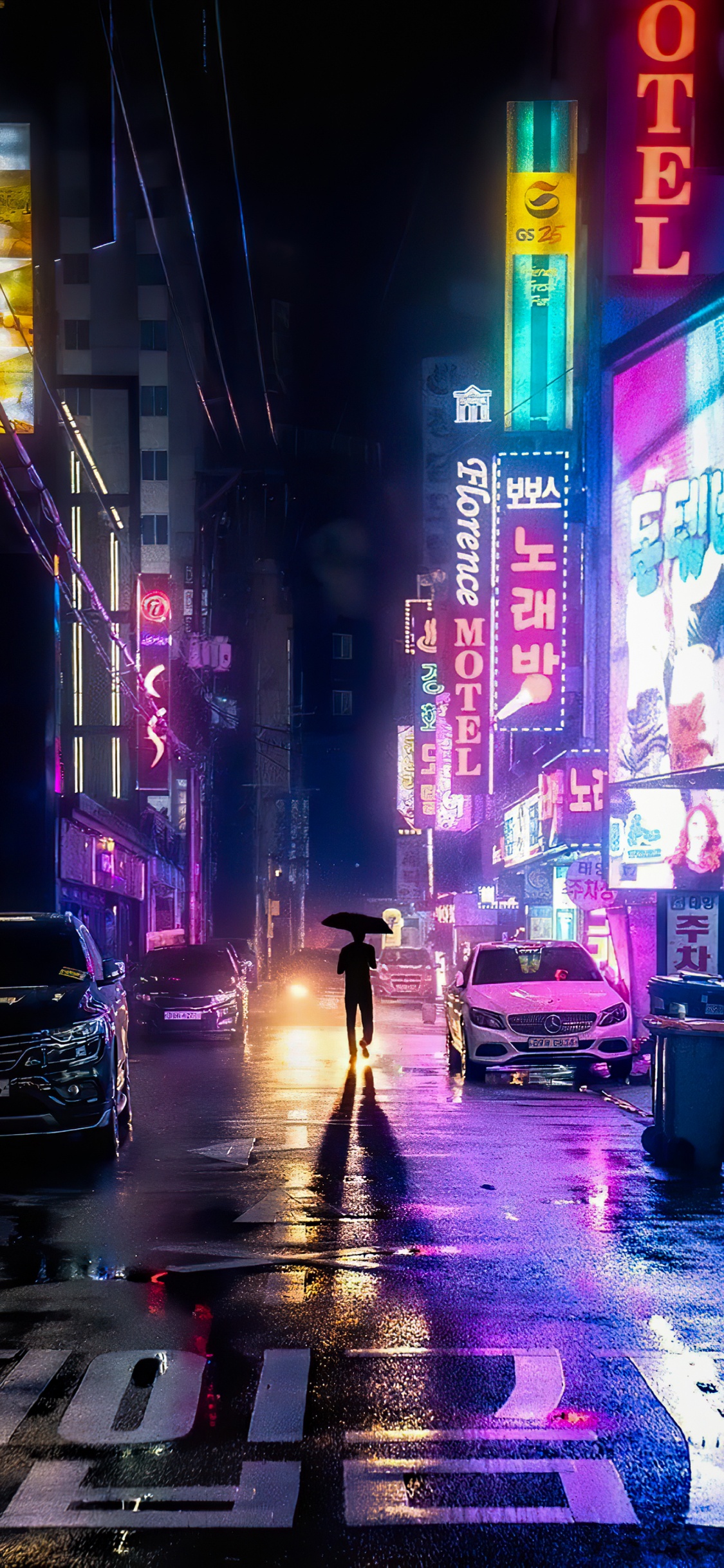 Обои метрополия, легковые автомобили, здание, автомобильное освещение, синий в разрешении 1125x2436