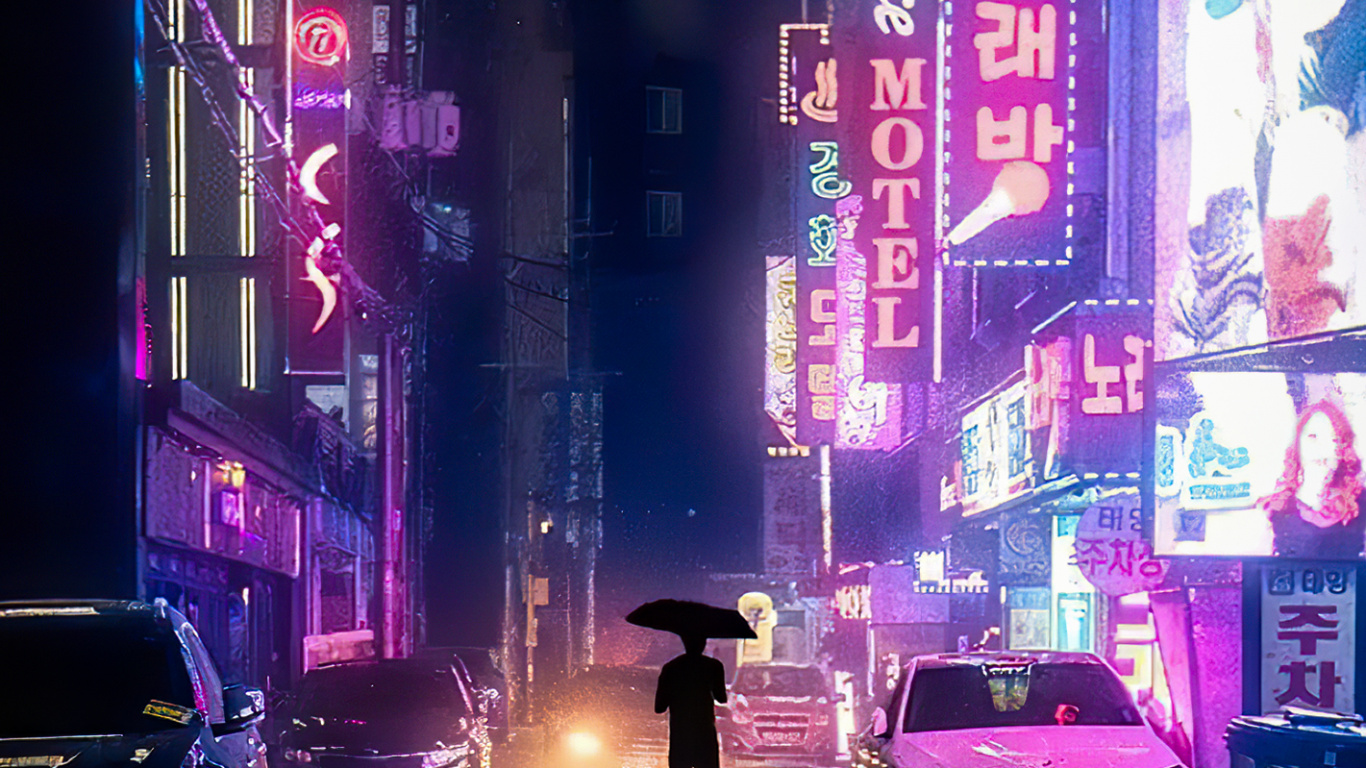 Обои метрополия, легковые автомобили, здание, автомобильное освещение, синий в разрешении 1366x768