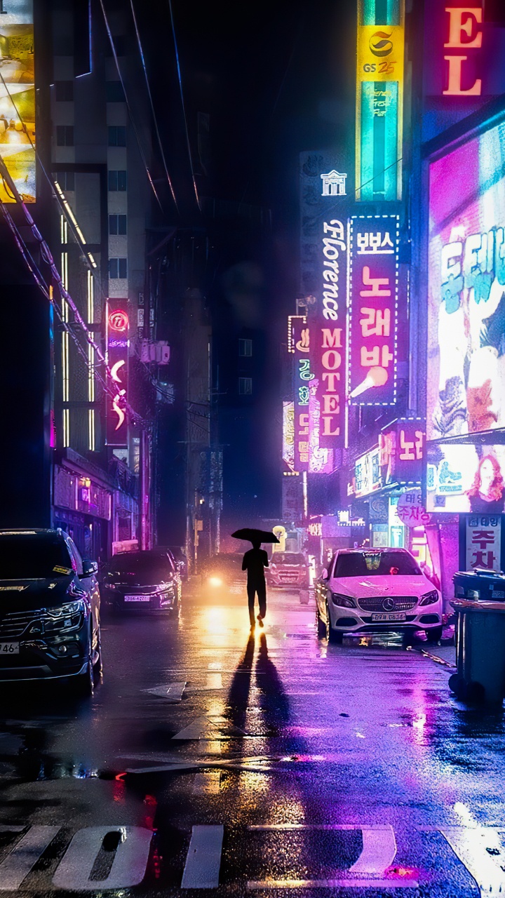 Обои метрополия, легковые автомобили, здание, автомобильное освещение, синий в разрешении 720x1280