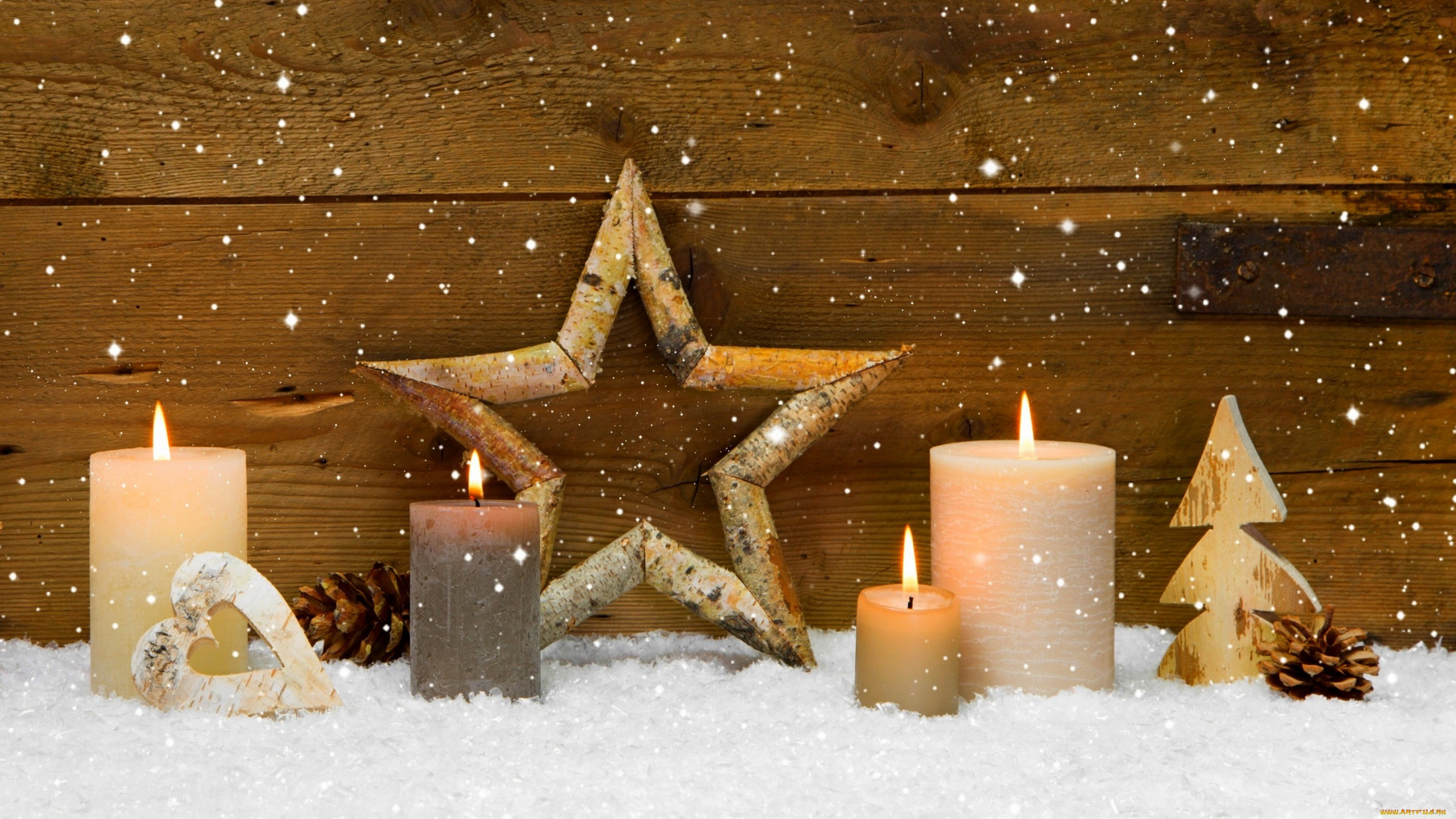 Обои Рождественский день, зима, снег, освещение, Рождество в разрешении 2560x1440