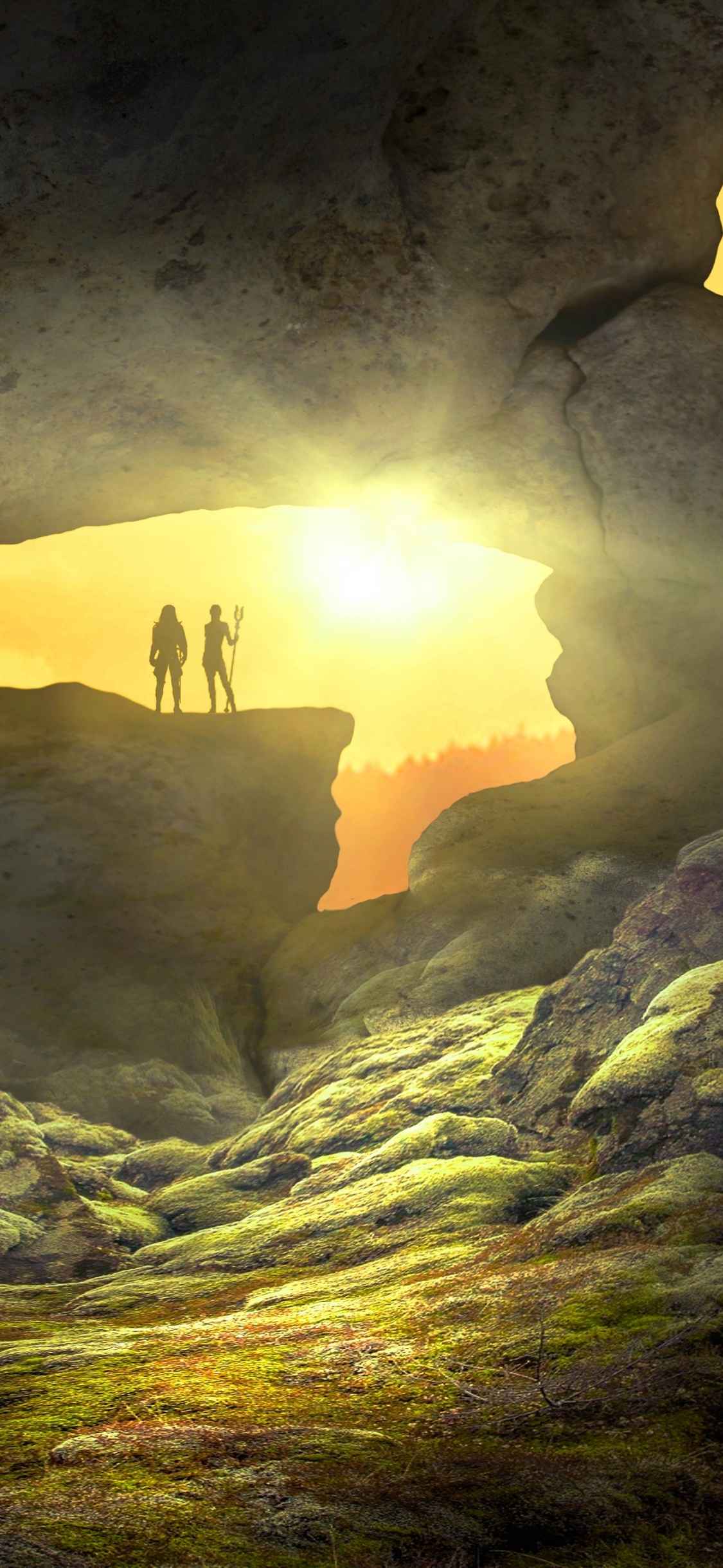 Обои пейзаж, фэнтези, свет, пещера, формирование в разрешении 1125x2436