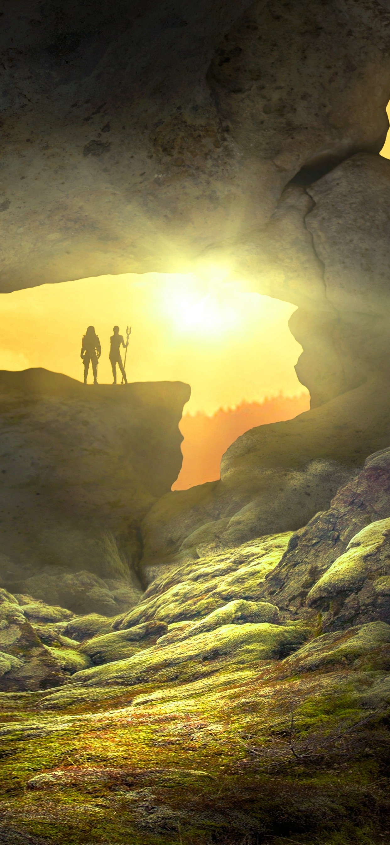 Обои пейзаж, фэнтези, свет, пещера, формирование в разрешении 1242x2688
