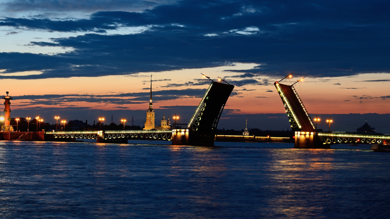 Обои Нева, мост, вечер, реки, сумрак в разрешении 1366x768