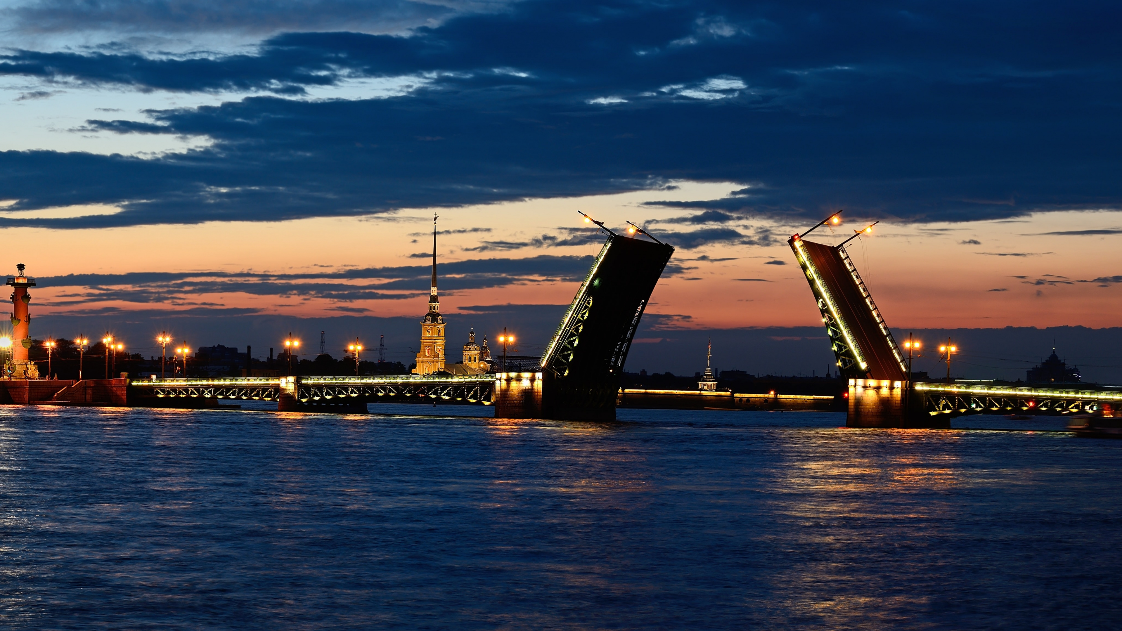Обои Нева, мост, вечер, реки, сумрак в разрешении 3840x2160