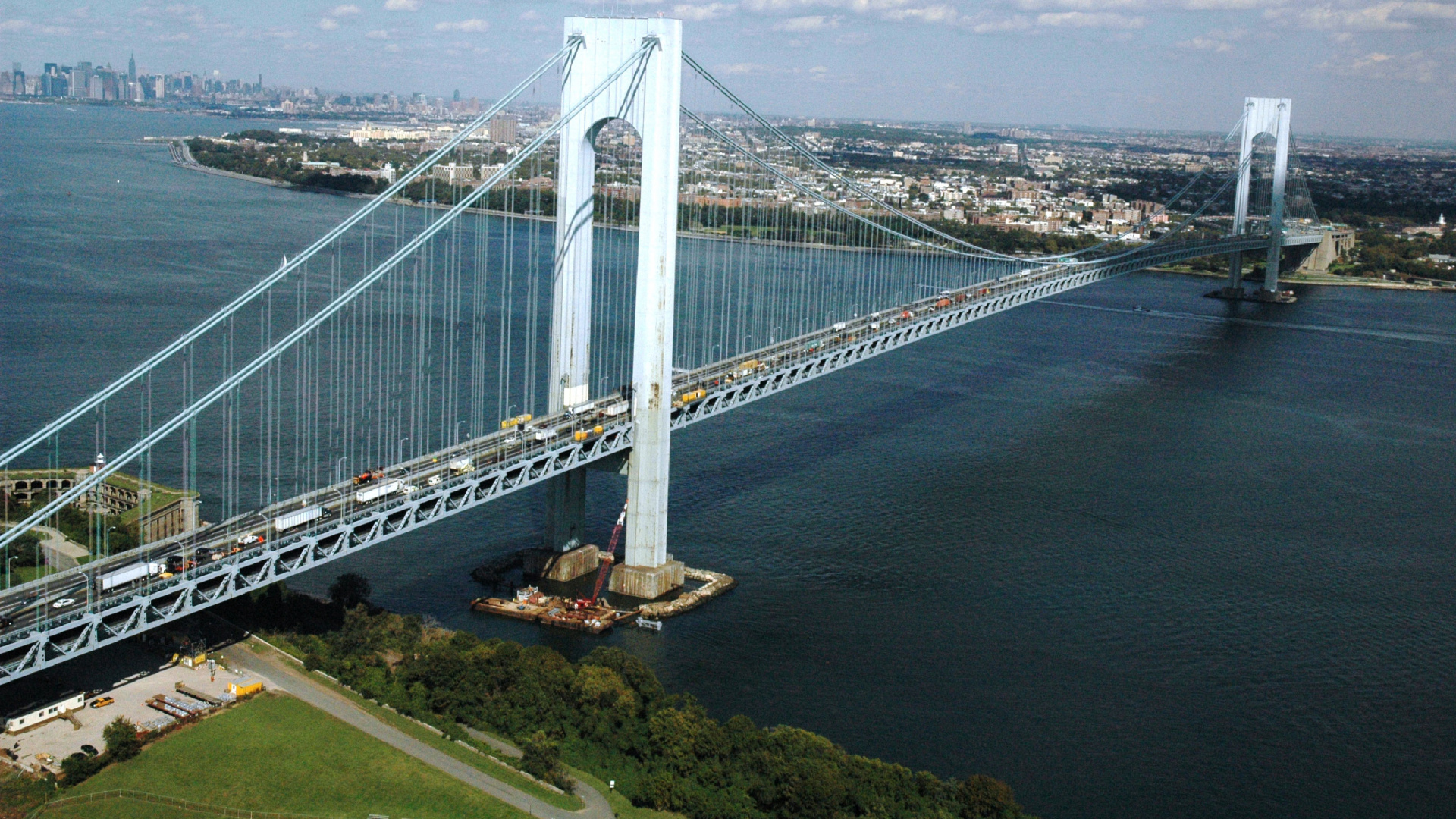 Обои Веррацано-Нарроус-Бридж, Нью-Йоркской Гавани, узкий проход, мост, подвесной мост в разрешении 1920x1080