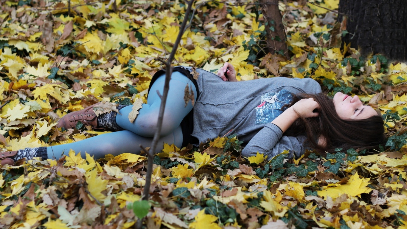 Обои осень, желтый, листопадные, растение, женщина в разрешении 1366x768