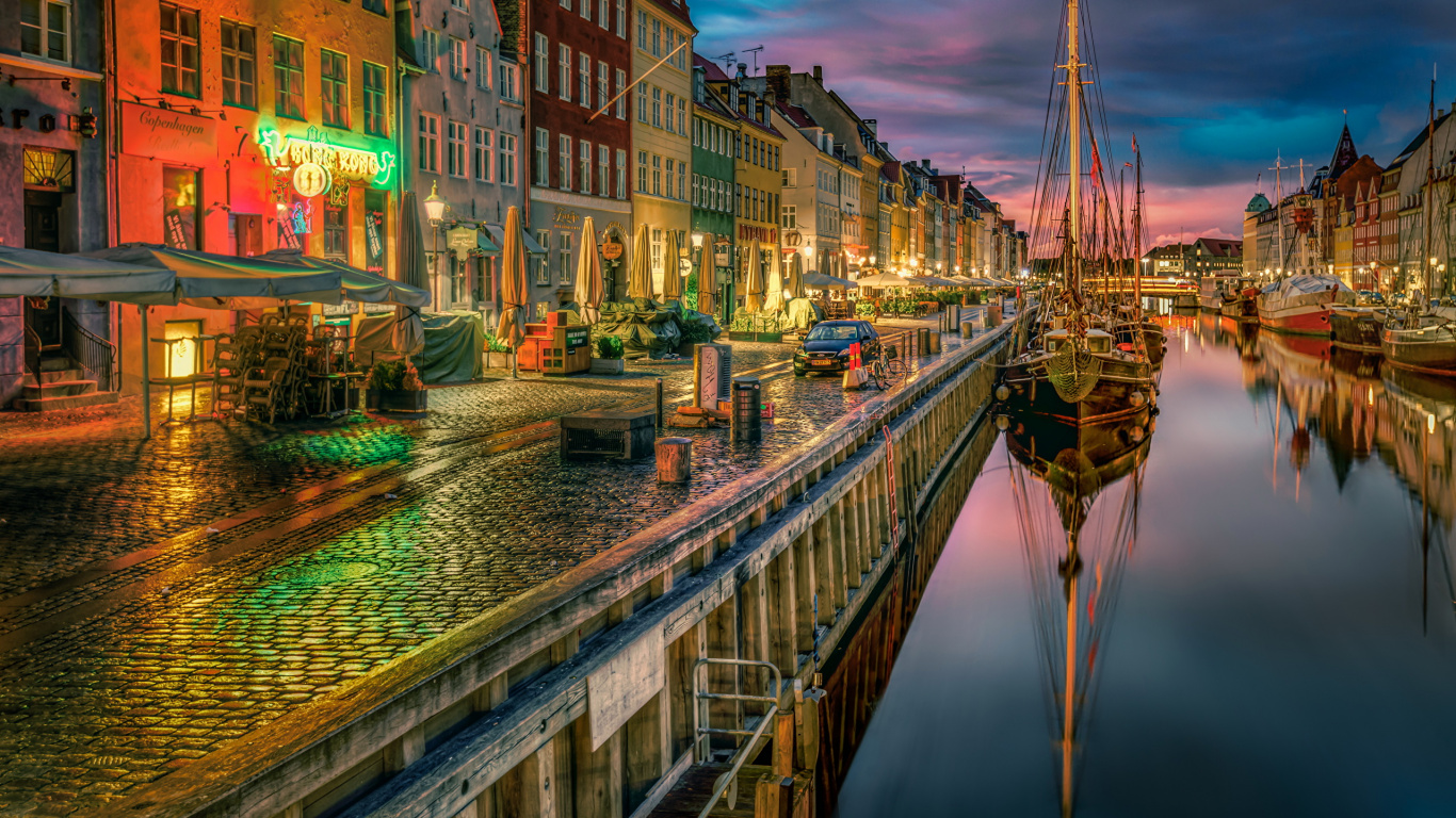 Обои ночь, водный путь, канал, вода, отражение в разрешении 1366x768