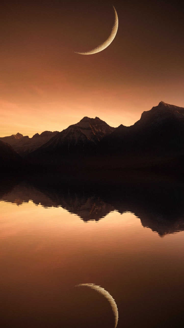 Обои вода, атмосфера, гора, белые, луна в разрешении 750x1334