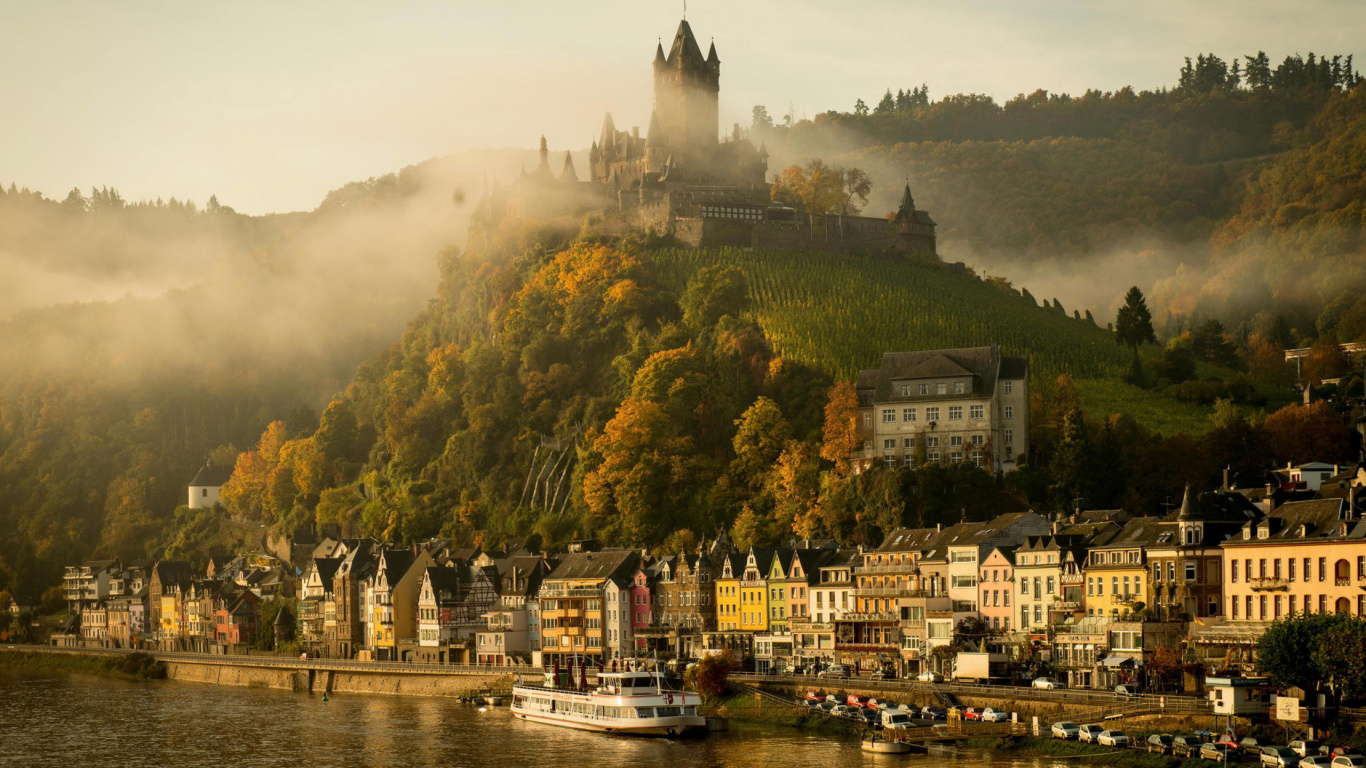 Обои мозель, замок, городок, реки, город в разрешении 1366x768