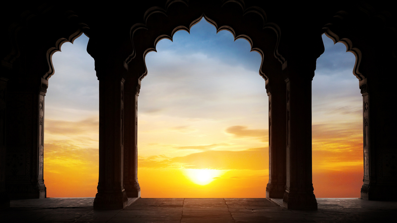 Обои йога, арка, закат, горизонт, восход солнца в разрешении 1280x720