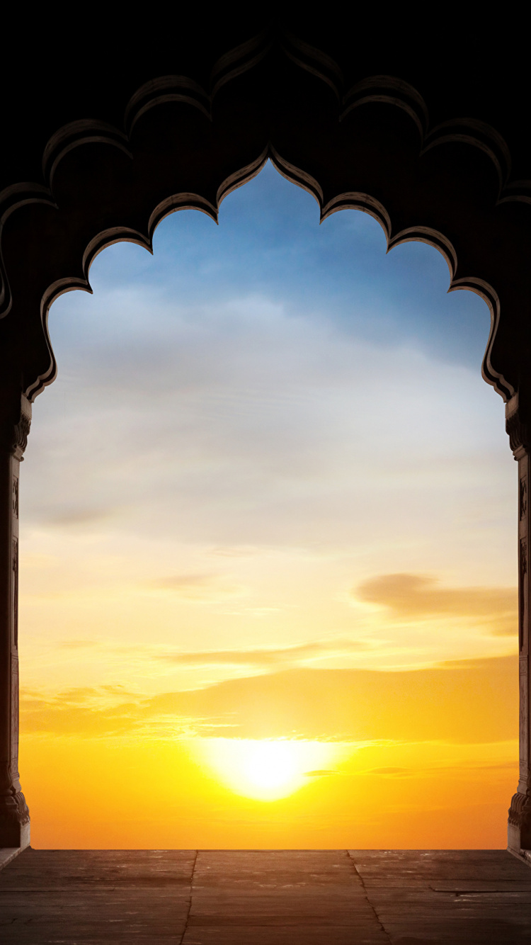 Обои йога, арка, закат, горизонт, восход солнца в разрешении 750x1334