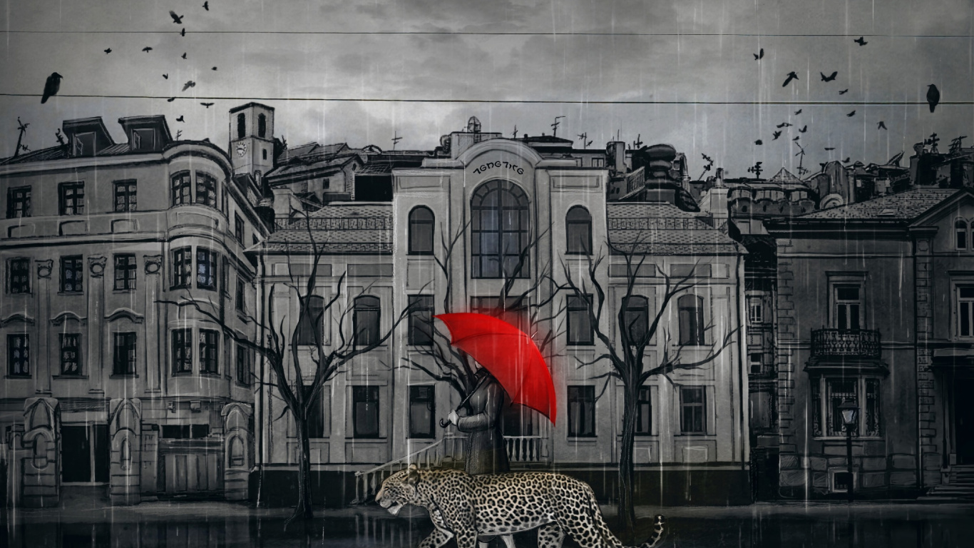 Обои фасад, уличное искусство, арт, иллюстрация, черный и белый в разрешении 1366x768