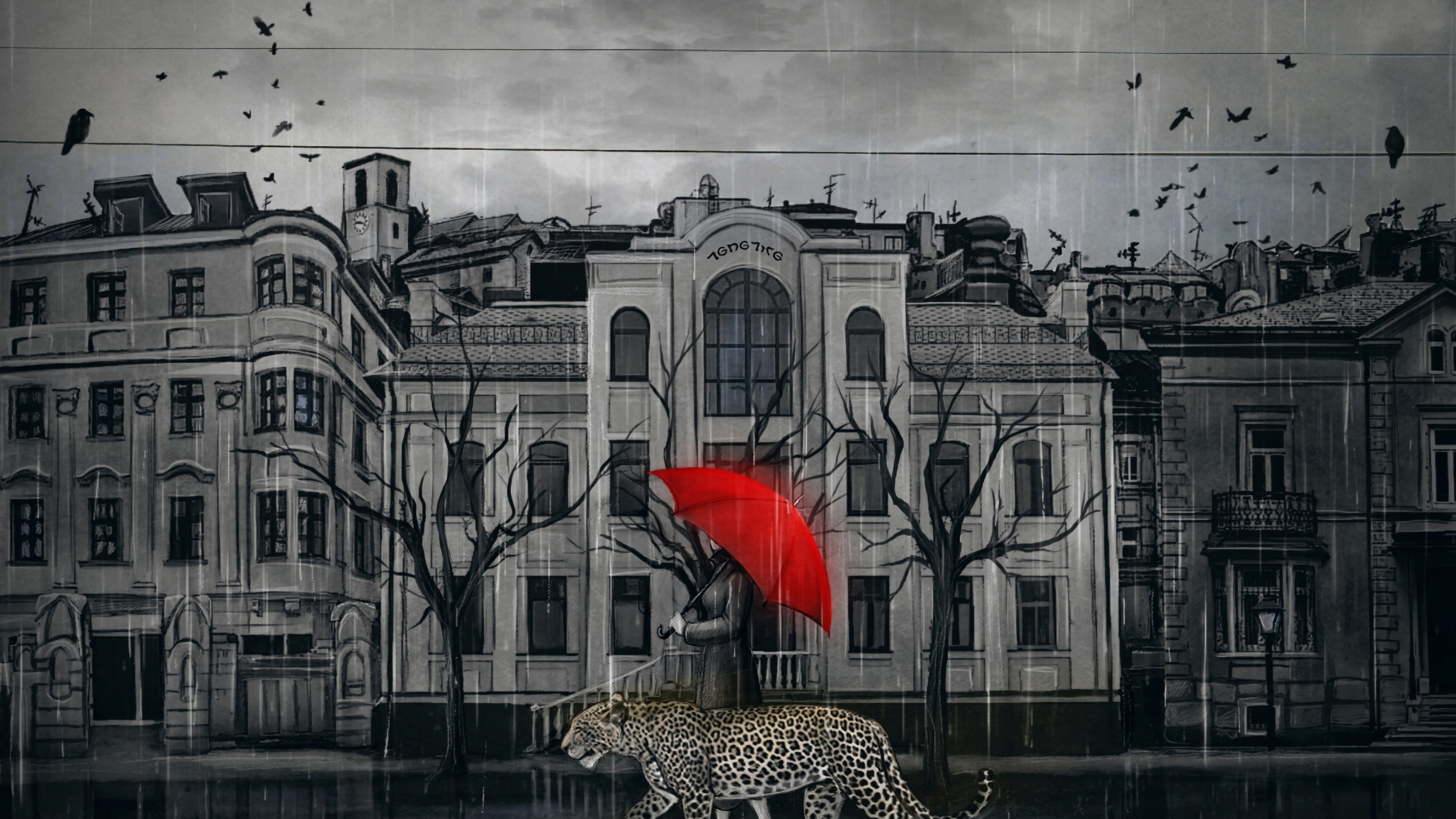 Обои фасад, уличное искусство, арт, иллюстрация, черный и белый в разрешении 3840x2160