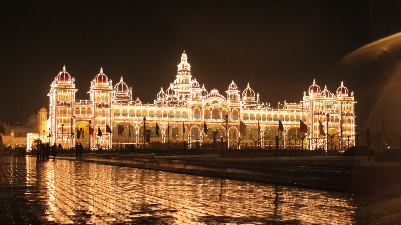 Обои Дворец Майсур, дворец, ориентир, ночь, отражение в разрешении 1280x720
