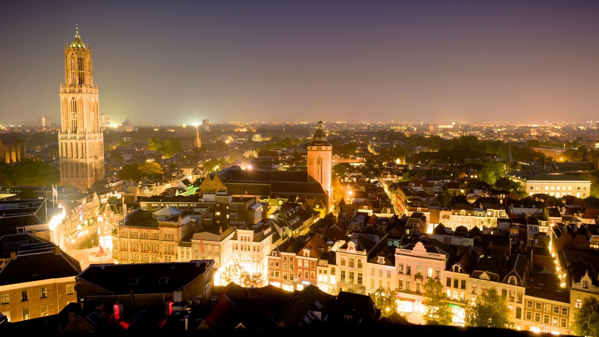 Обои Дом башня Утрехта, городской пейзаж, город, городской район, ночь в разрешении 1920x1080