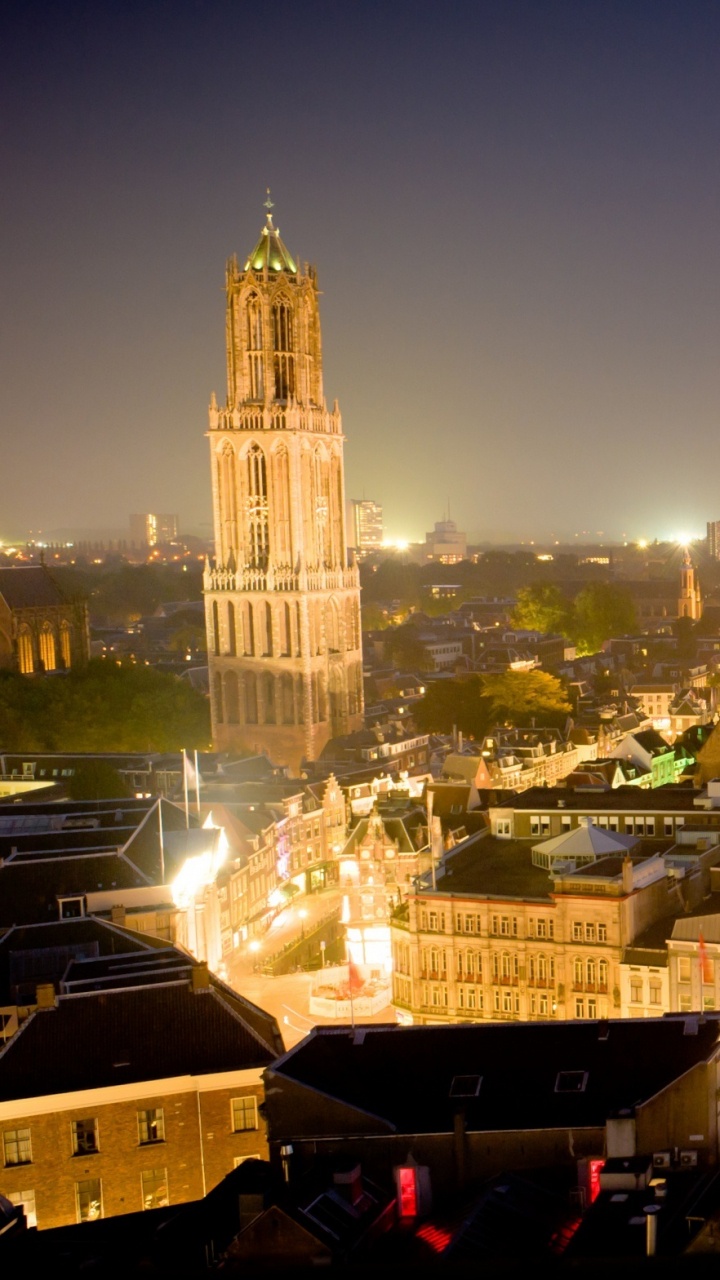 Обои Дом башня Утрехта, городской пейзаж, город, городской район, ночь в разрешении 720x1280