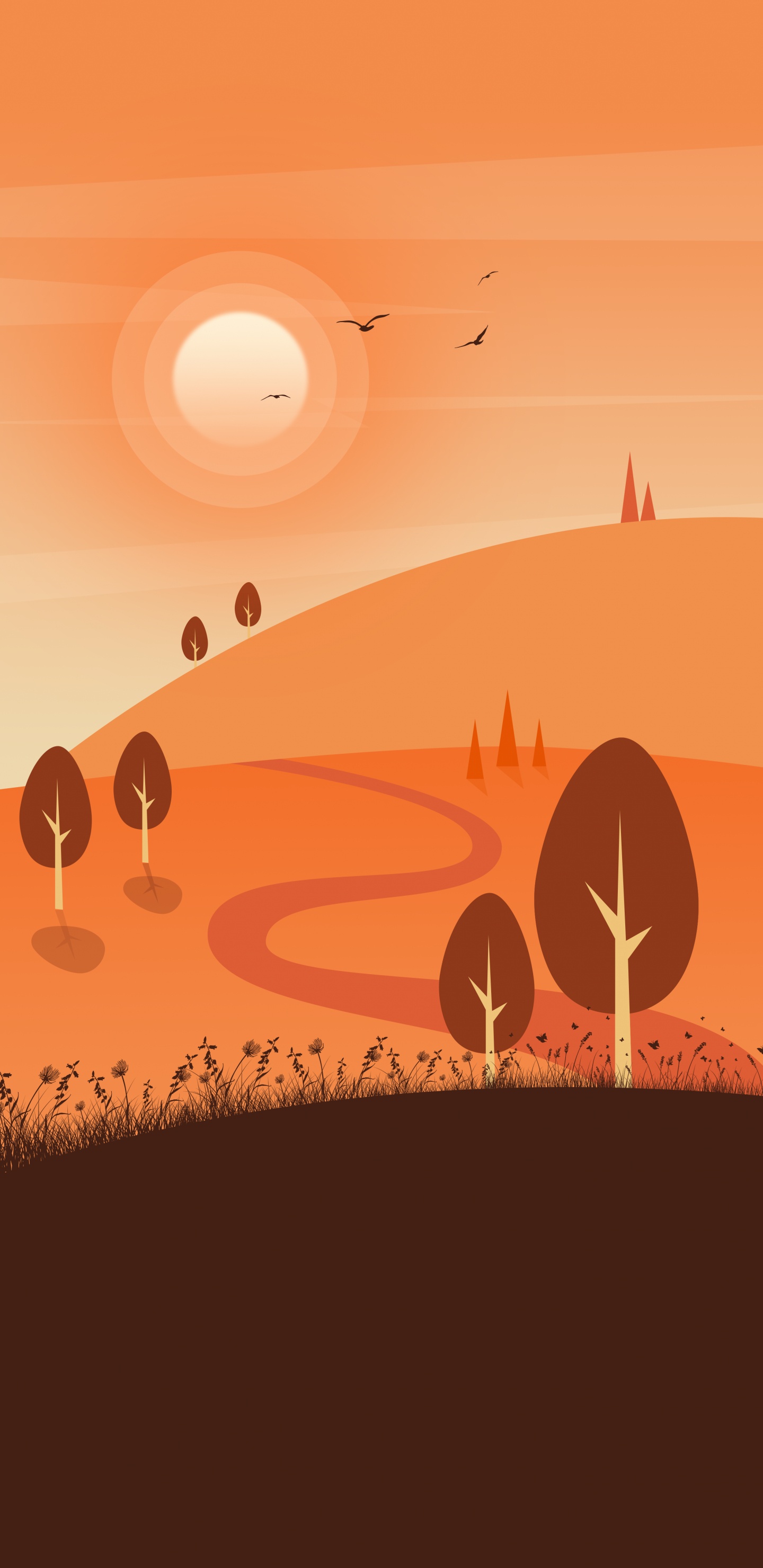 Обои силуэт травы, атмосфера, экорегион, природа, Оранжевый цвет в разрешении 1440x2960