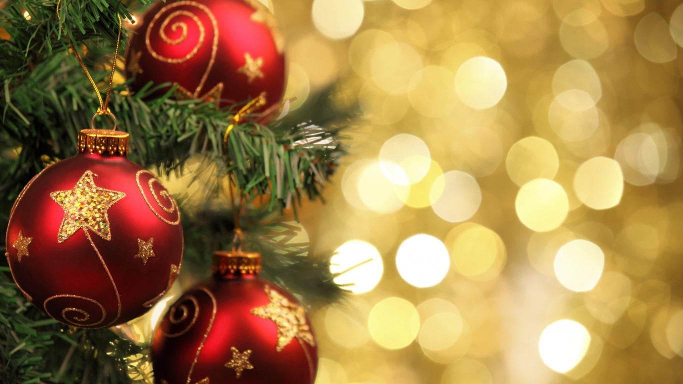 Обои Рождественский день, рождественский орнамент, Рождественские украшения, Рождество, елка в разрешении 1366x768