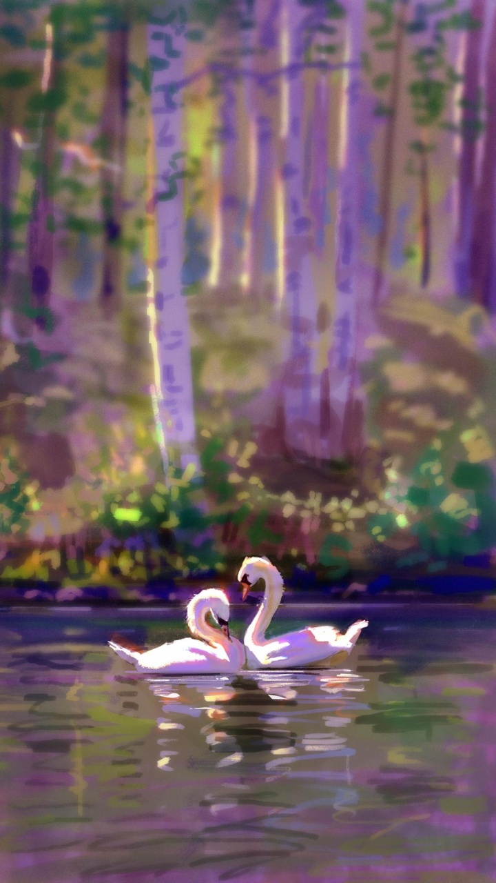 Обои птица, вода, тату, Лебедь, заболоченный рукав реки в разрешении 720x1280