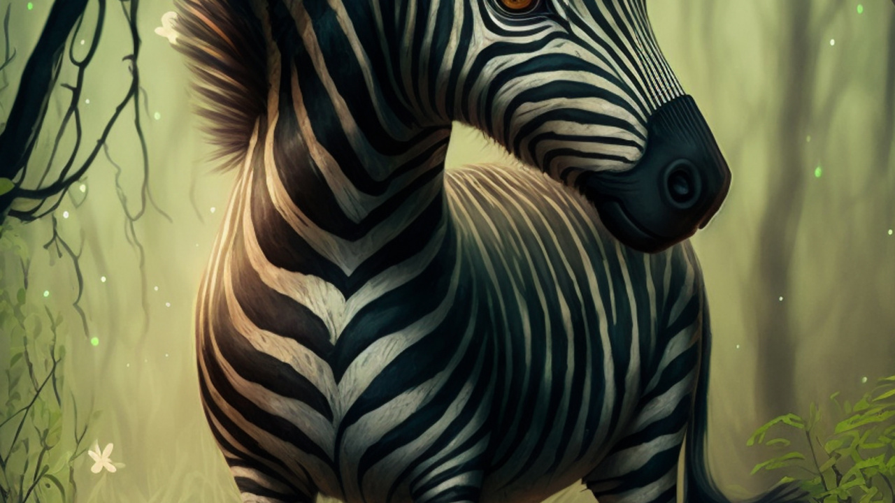 Обои зебра, визуальное искусство, рисование, растение, олененок в разрешении 1280x720