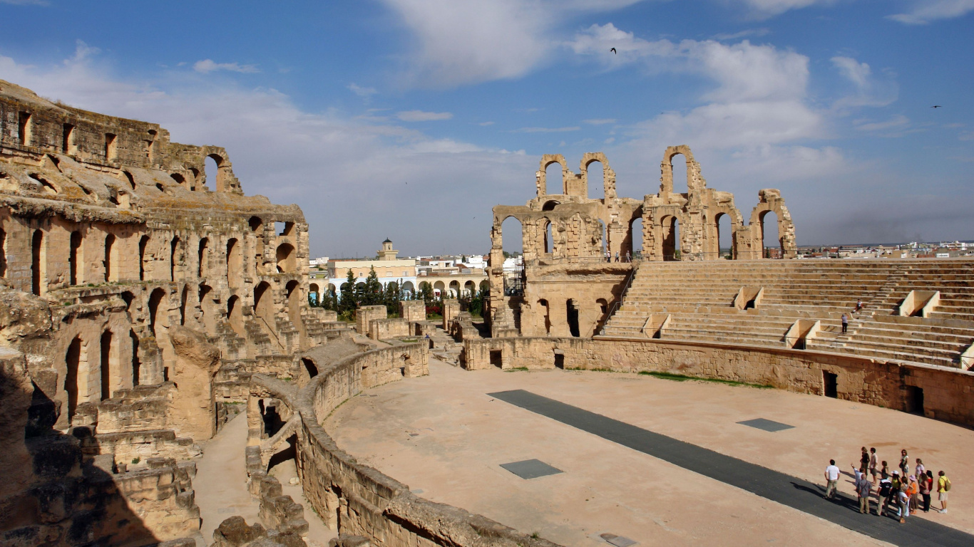 Обои амфитеатр в Эль Джеме, Карфаген, достопримечательность, туризм, историческое место в разрешении 1366x768