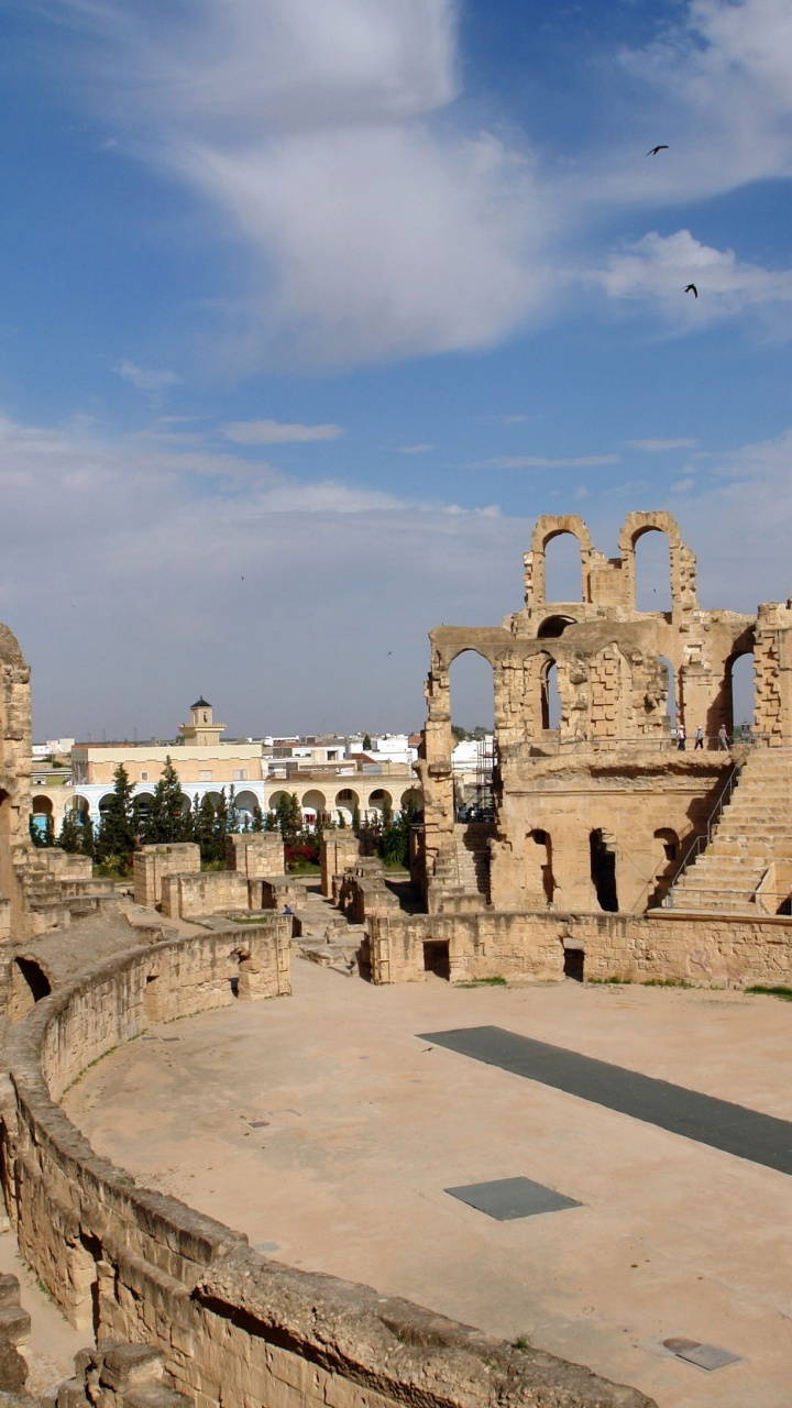 Обои амфитеатр в Эль Джеме, Карфаген, достопримечательность, туризм, историческое место в разрешении 720x1280