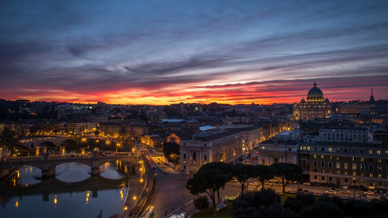 Обои Собор Св Петра, Исторический центр Рима, закат, сумрак, облако в разрешении 1280x720