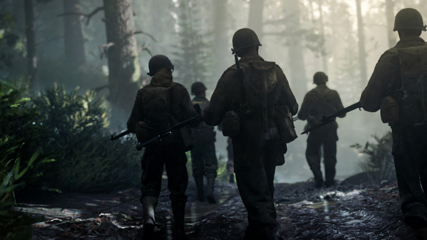 Обои Call of Duty WWII, call of duty world at war, activision, лес, пехотинцы в разрешении 1366x768