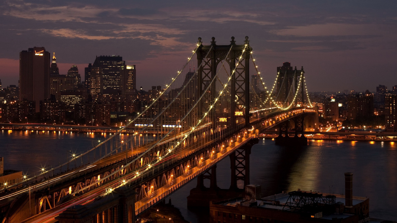Обои манхэттенский мост, Бруклинский мост, подвесной мост, городской пейзаж, мост в разрешении 1280x720