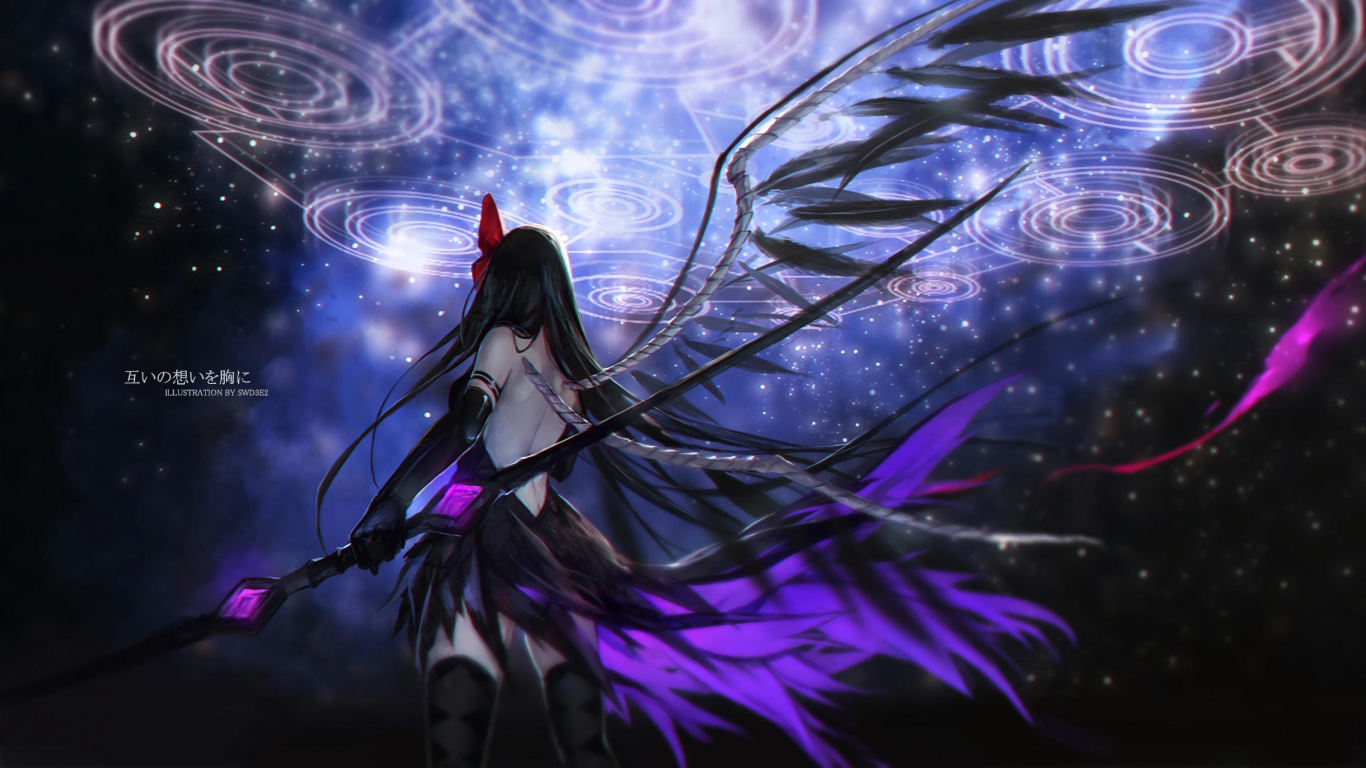 Обои Хомура Акеми, арт, пурпур, Фиолетовый, крыло в разрешении 1366x768