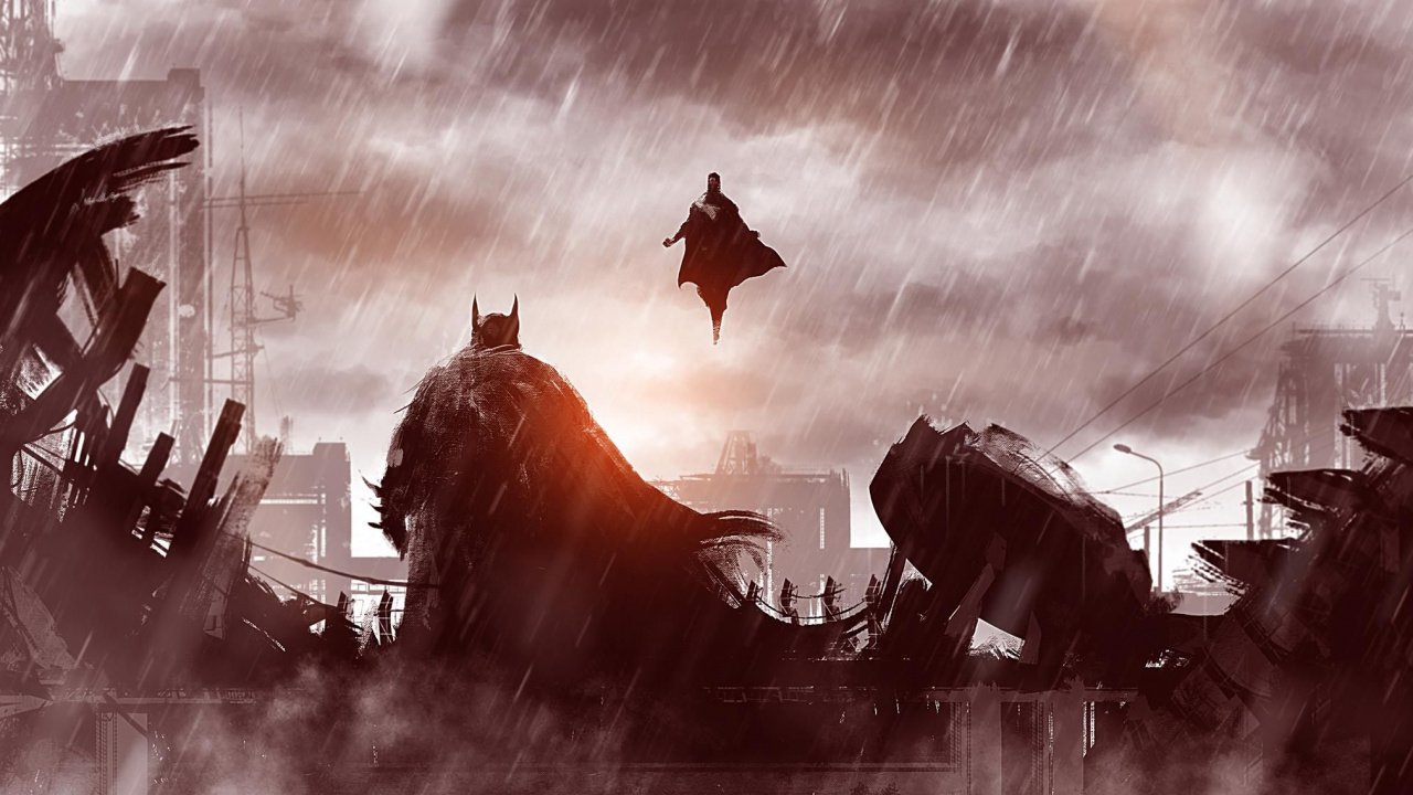 Обои Супермен, Бэтмен, Бэтмен против Супермена, черный и белый, небо в разрешении 1280x720