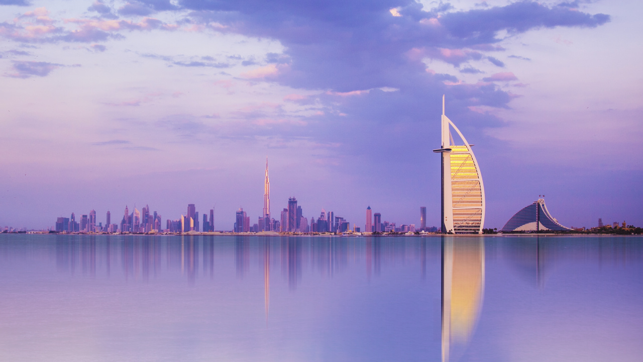 Обои Бурдж Халифа, линия горизонта, отражение, ориентир, город в разрешении 1280x720