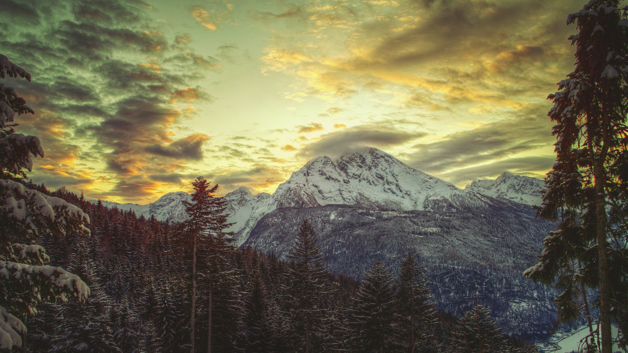 Обои гора, горный хребет, природа, облако, дерево в разрешении 1280x720