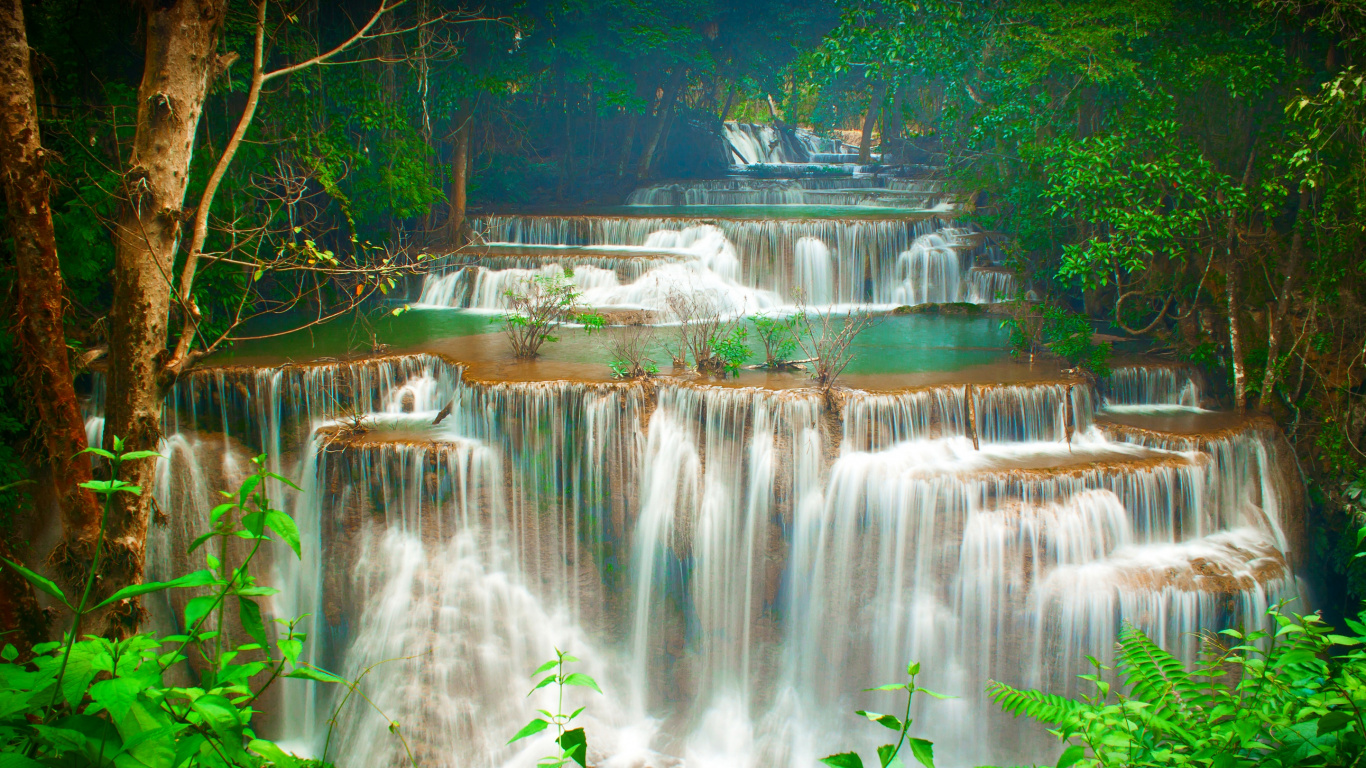 Обои водопад хуай мае хамин, канчанабури, водопад, природа, зеленый в разрешении 1366x768