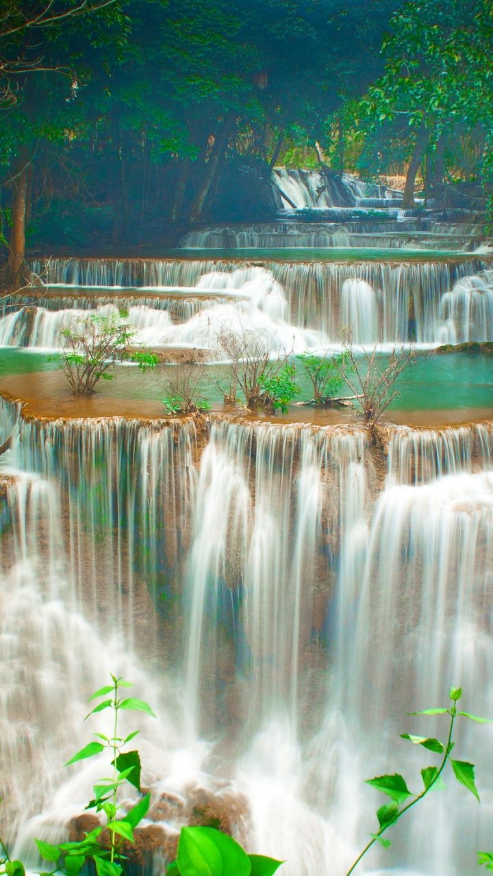 Обои водопад хуай мае хамин, канчанабури, водопад, природа, зеленый в разрешении 720x1280