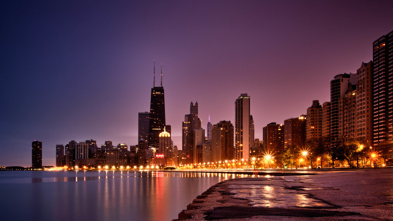 Обои Чикаго, город, городской пейзаж, линия горизонта, метрополия в разрешении 1366x768