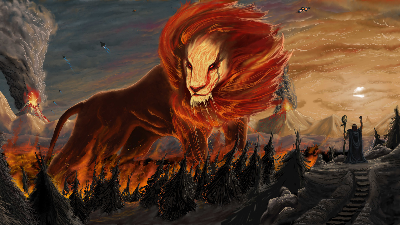 Обои мифология, вымышленный персонаж, вымирание, Лев, лава в разрешении 1280x720