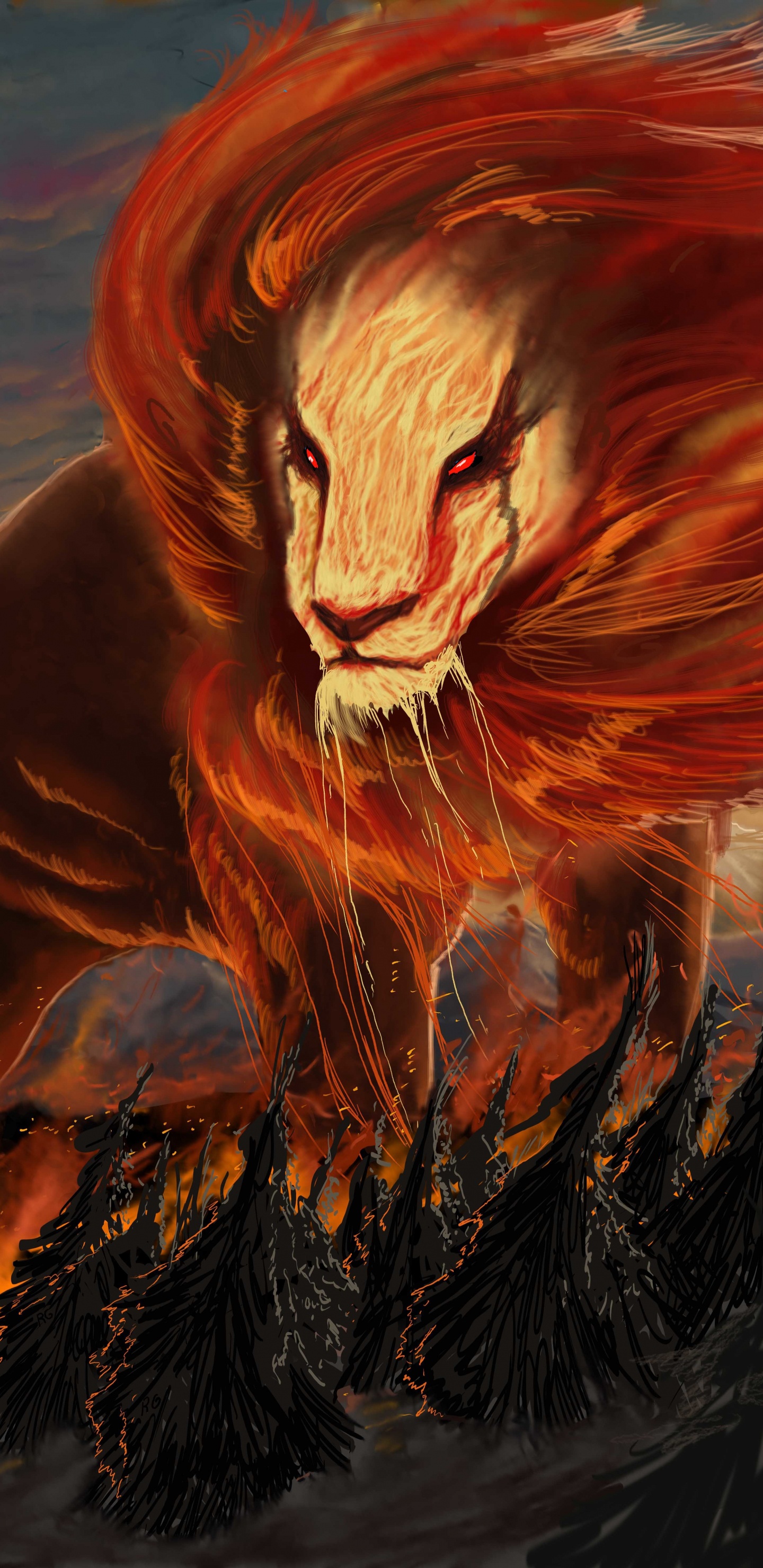 Обои мифология, вымышленный персонаж, вымирание, Лев, лава в разрешении 1440x2960
