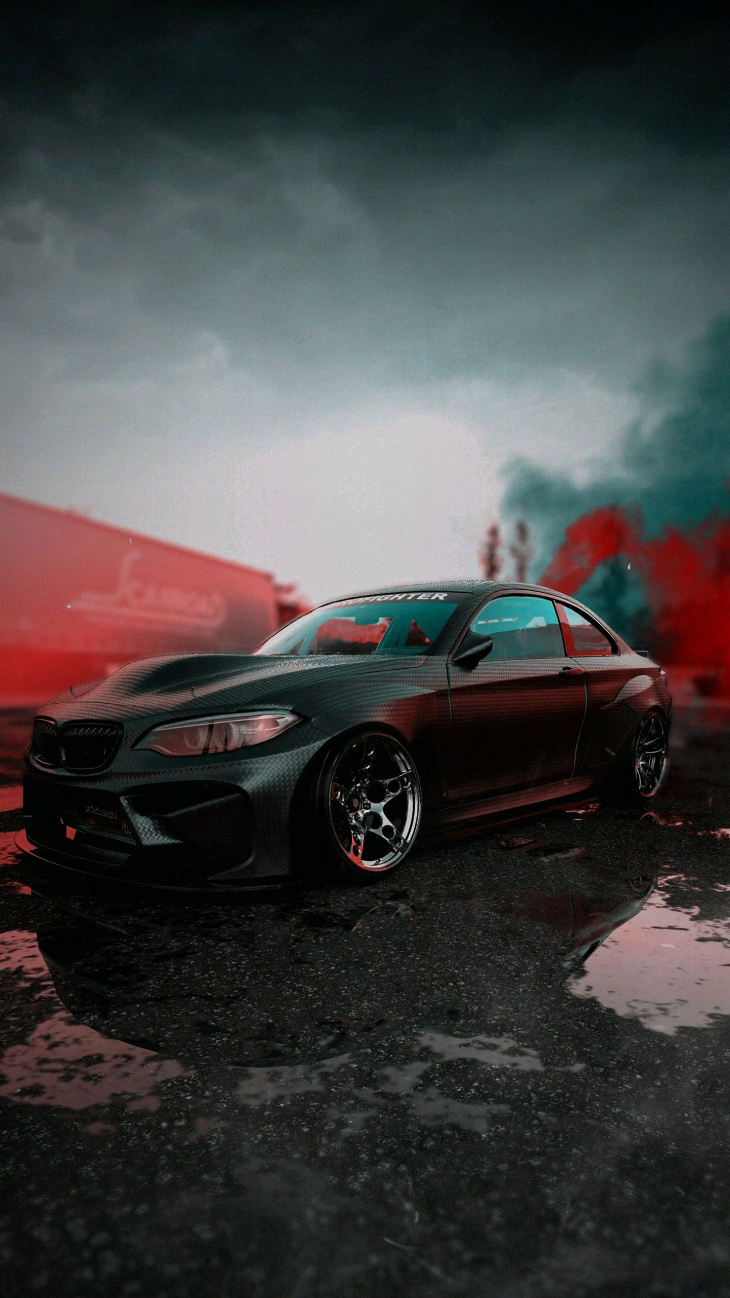 Обои отражение, легковые автомобили, колесо, шина, облако в разрешении 1440x2560