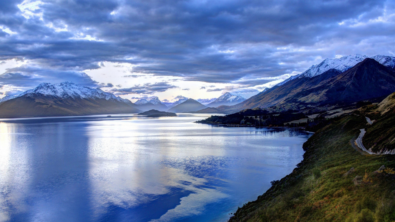 Обои Озеро Ванака, Озеро Вакатипу, гора, природа, нагорье в разрешении 1366x768