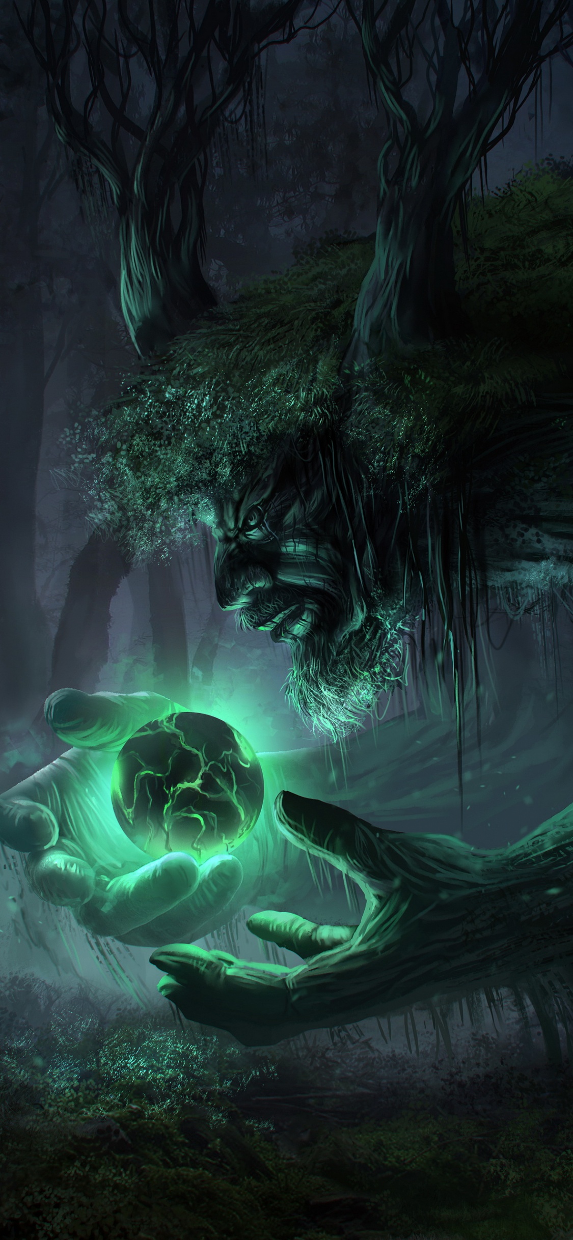 Обои темный фантастический лес, лес, зачарованный лес, темные фантазии, растение в разрешении 1125x2436