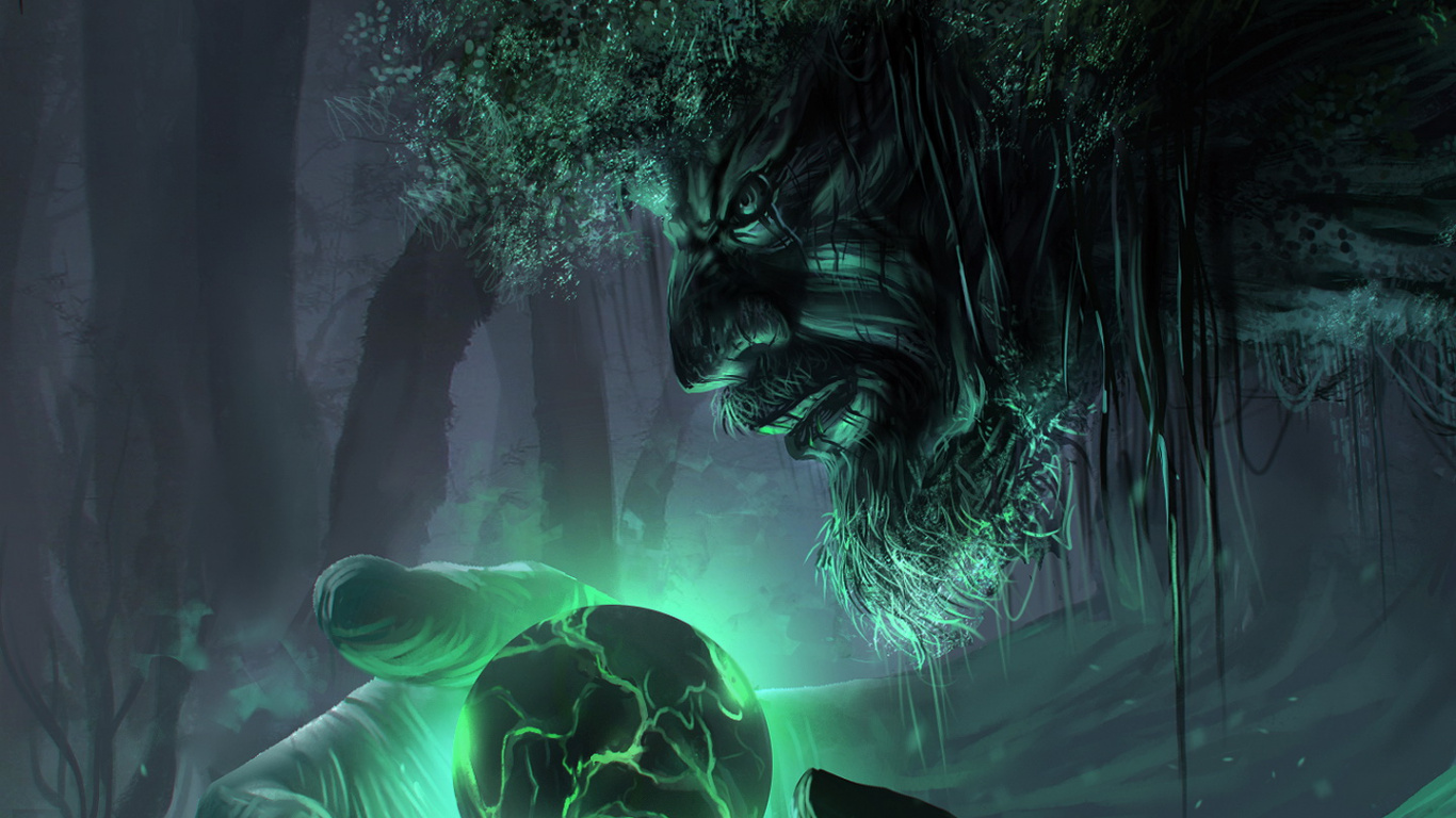 Обои темный фантастический лес, лес, зачарованный лес, темные фантазии, растение в разрешении 1366x768