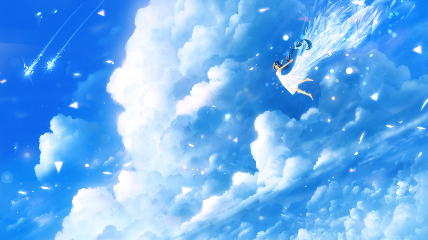 Обои аниме, дневное время, синий, облако, атмосфера в разрешении 1366x768