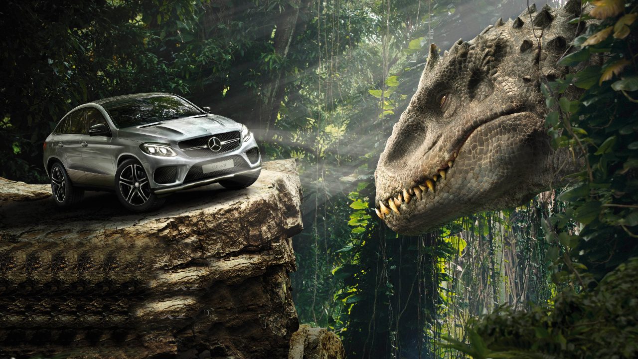 Обои парк юрского периода, авто, дерево, компактный автомобиль, семейный автомобиль в разрешении 1280x720