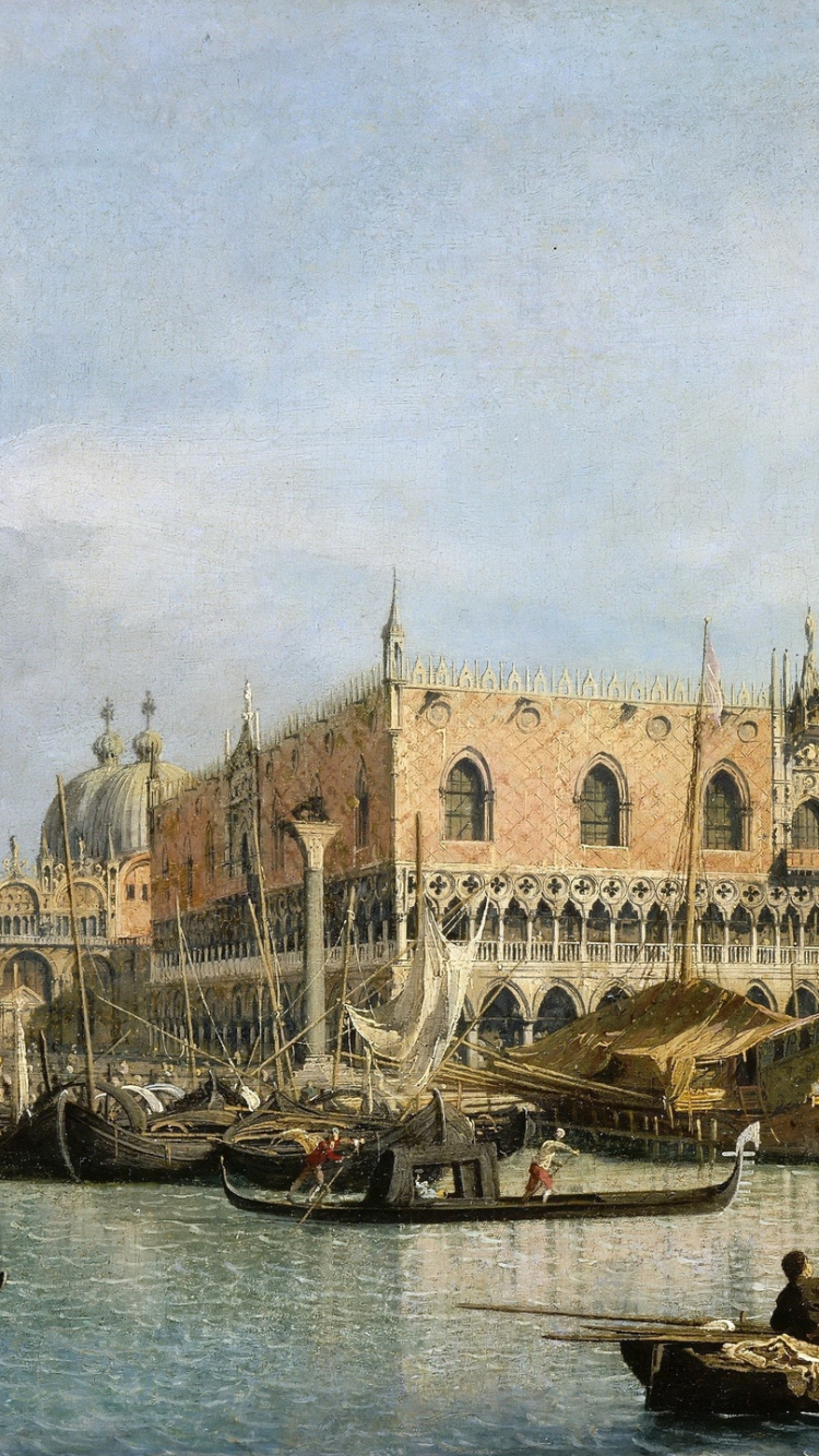 Обои живопись, водный путь, гондола, канал, город в разрешении 750x1334