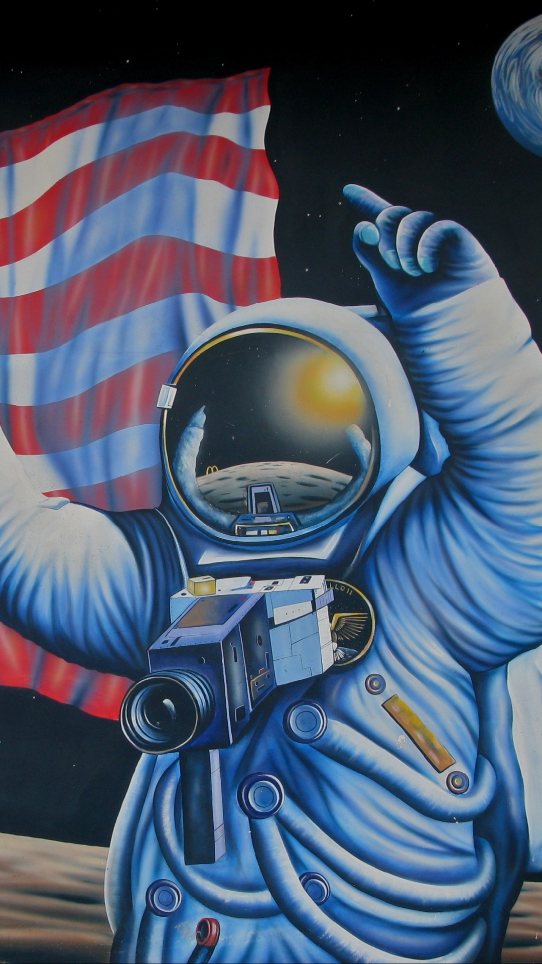 Обои флаг, живопись, арт, астронавт, уличное искусство в разрешении 1080x1920