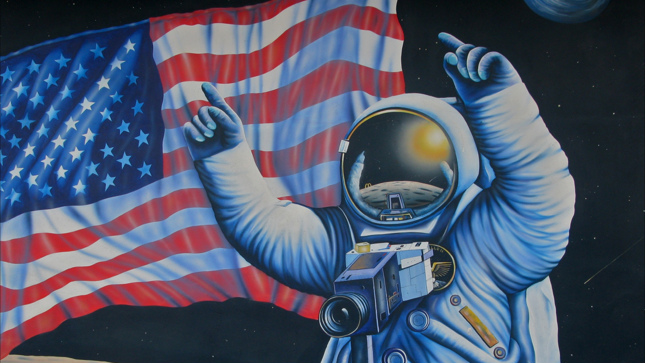 Обои флаг, живопись, арт, астронавт, уличное искусство в разрешении 1280x720
