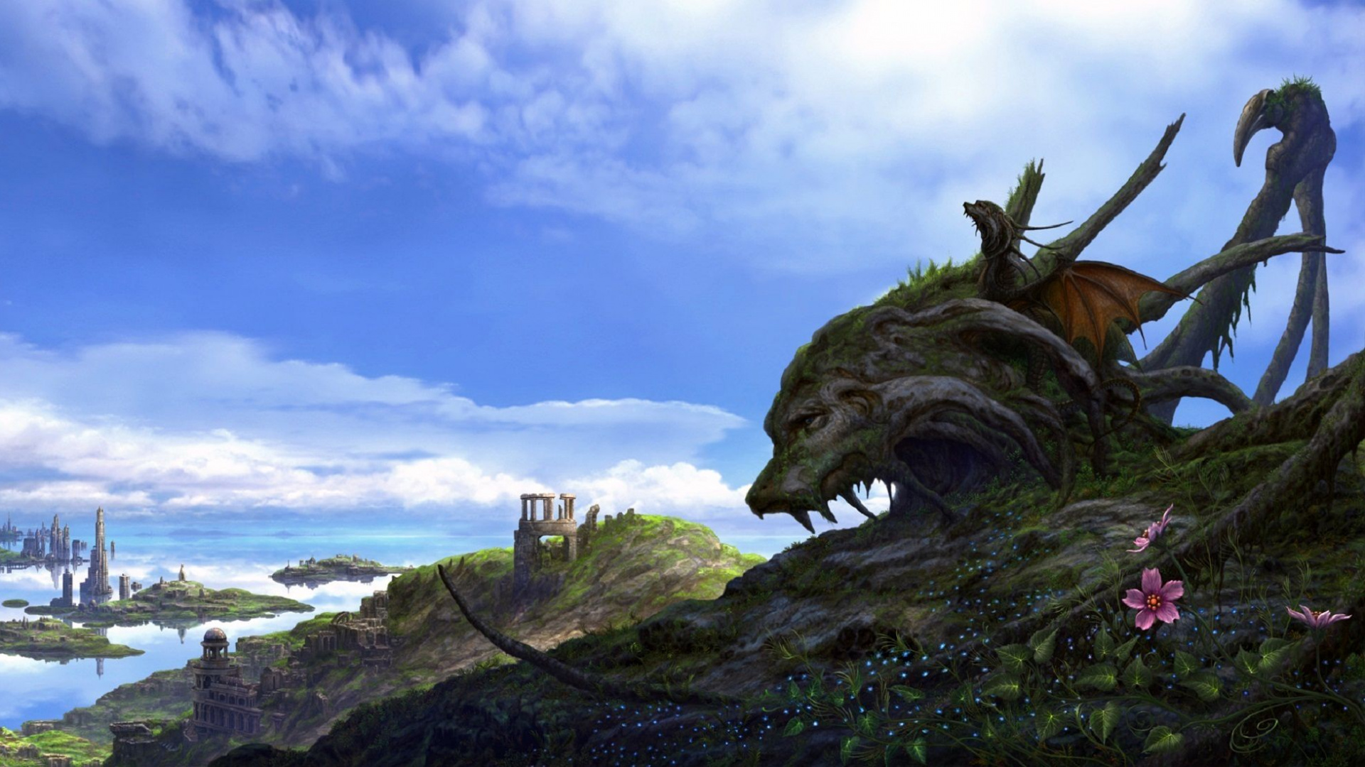 Обои фэнтези, дерево, облако, пейзаж, рисование в разрешении 1920x1080