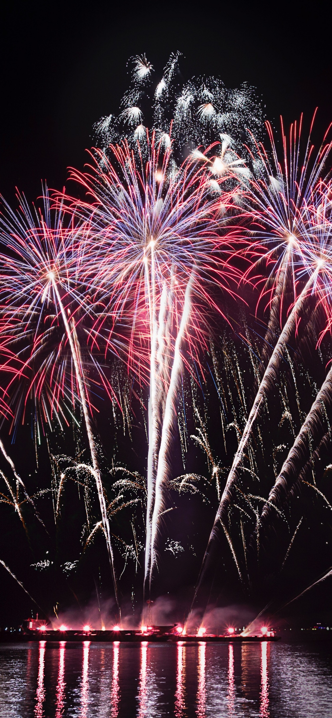 Обои салют, ночь, природа, отражение, день нового года в разрешении 1125x2436