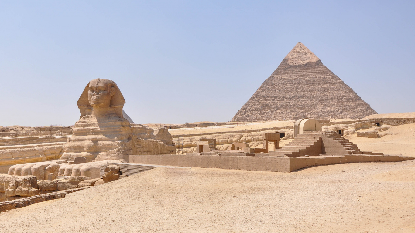 Обои Великий Сфинкс Гизы, египетская пирамида, пирамида, историческое место, памятник в разрешении 1366x768